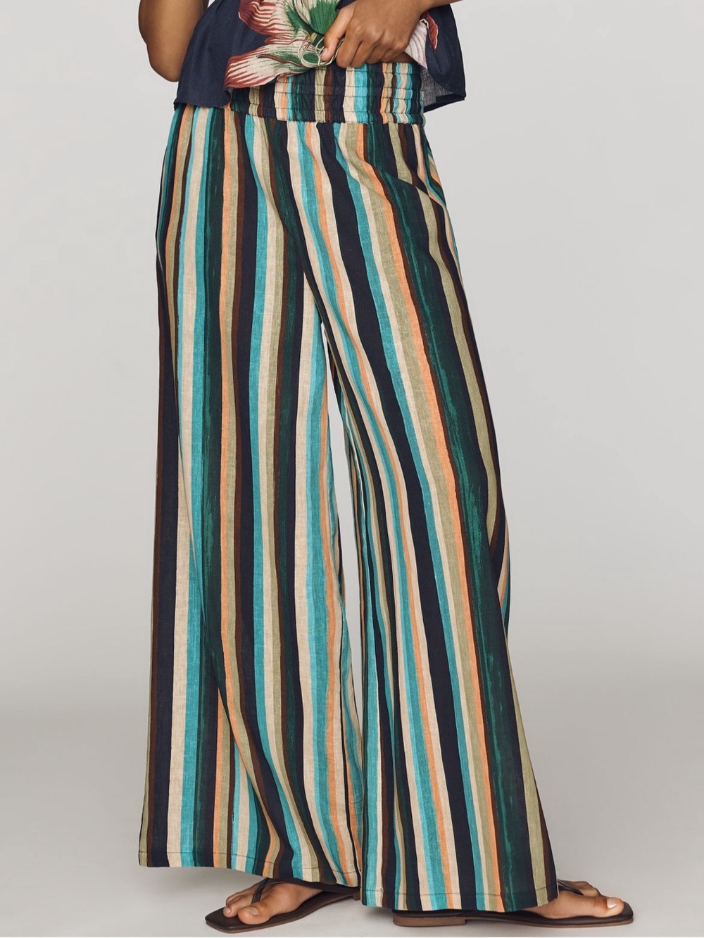 Anthropologie Somerset Striped Wide-Leg Pants in Teal, Navy & Tan
